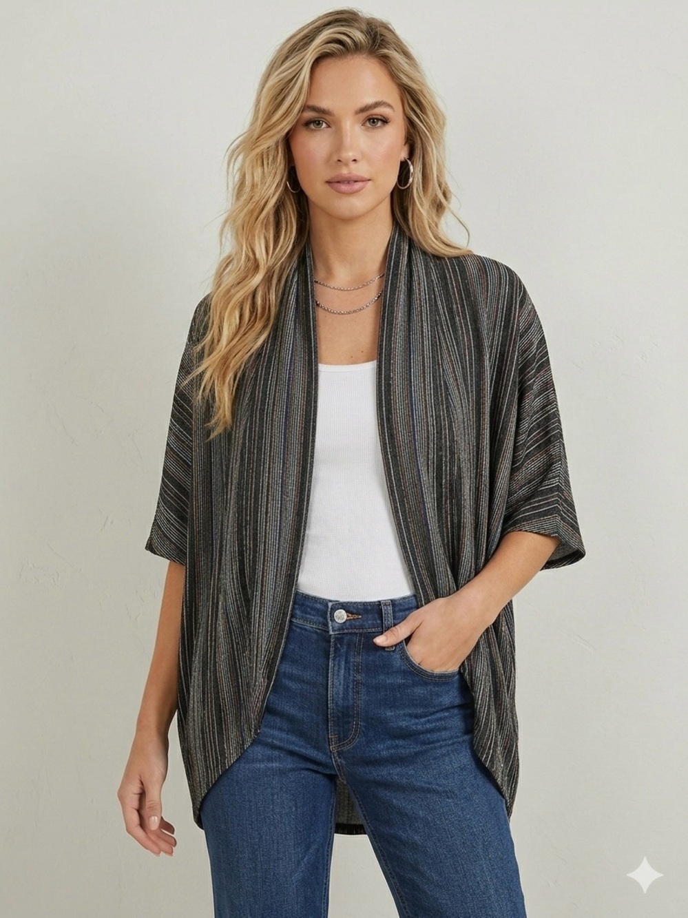 G by Guess Black Striped Open Short-Sleeve Cardigan